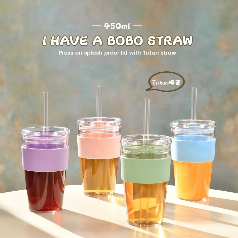 450ml Tritan Straw Cup Water Bottle Coffee Mug with Sleeve Portable Drinkware for Home  /  Office (No FDA, BPA-Free) - Fluorescent Green - 6