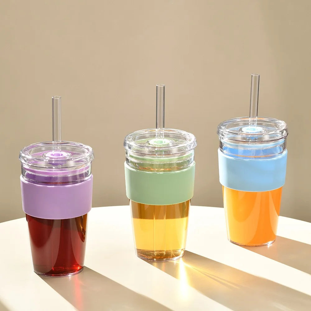 450ml Tritan Straw Cup Water Bottle Coffee Mug with Sleeve Portable Drinkware for Home  /  Office (No FDA, BPA-Free) - Fluorescent Green - 7