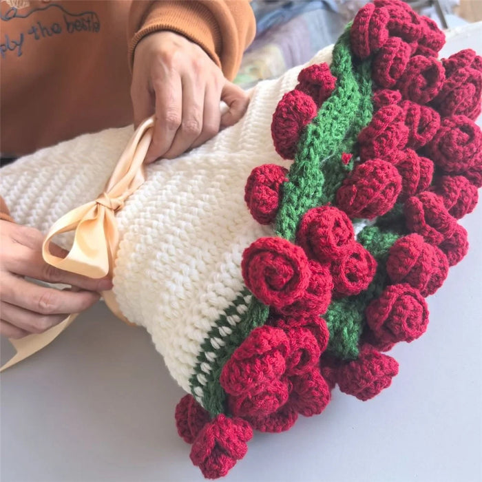 80cm Diameter 50 Flowers Round Blanket Soft Yarn Crochet 3D Floral Bouquet Blanket - Roman Red Rose + White Blanket - 3
