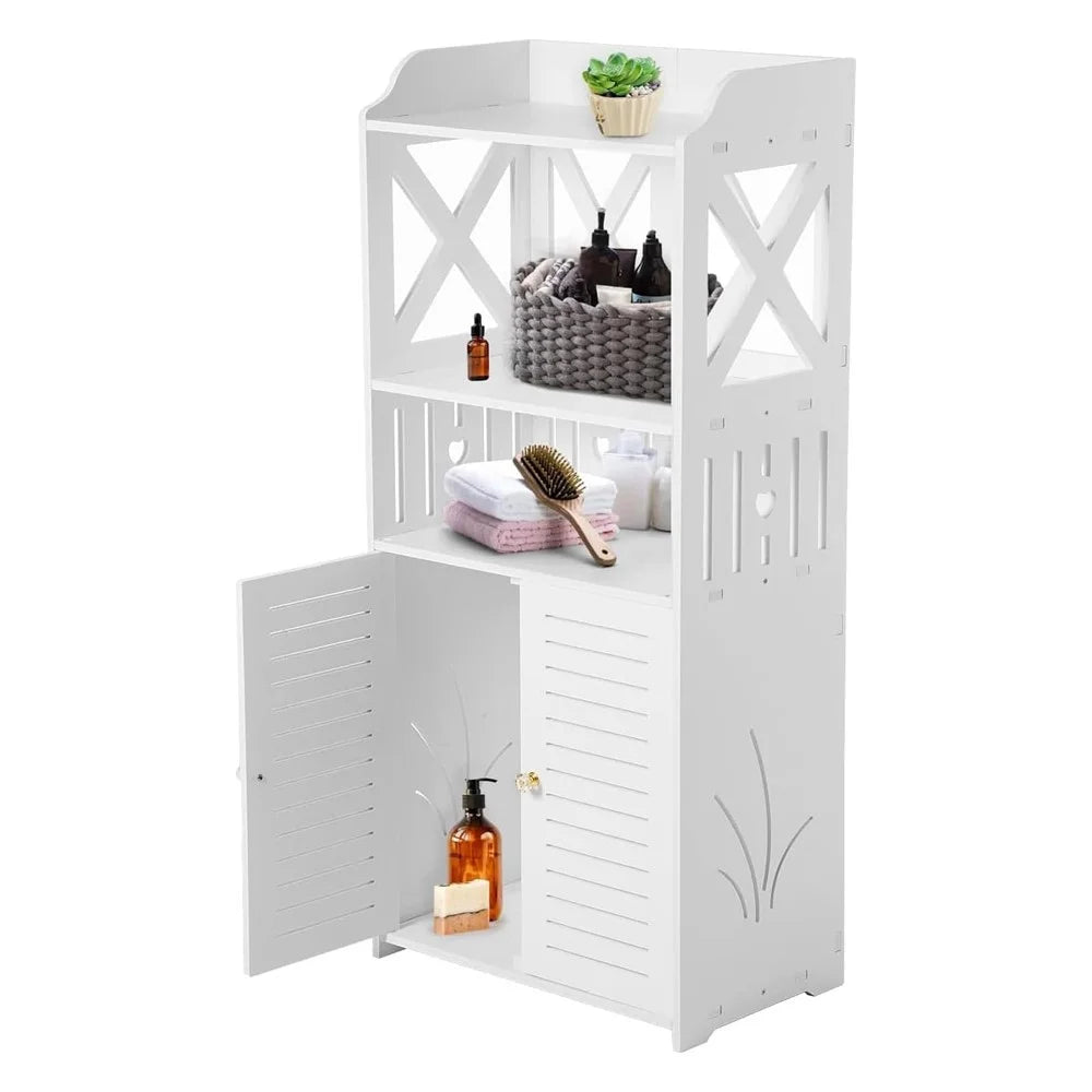 92x40x25cm Bathroom Storage Cabinet Multi-Tier Wood-Plastic Board Floor Standing Side Cabinet Organizer with Doors - 2