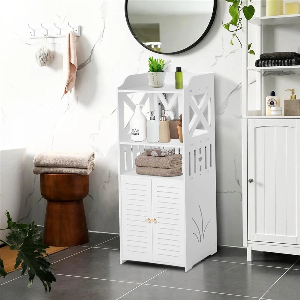 92x40x25cm Bathroom Storage Cabinet Multi-Tier Wood-Plastic Board Floor Standing Side Cabinet Organizer with Doors - 6