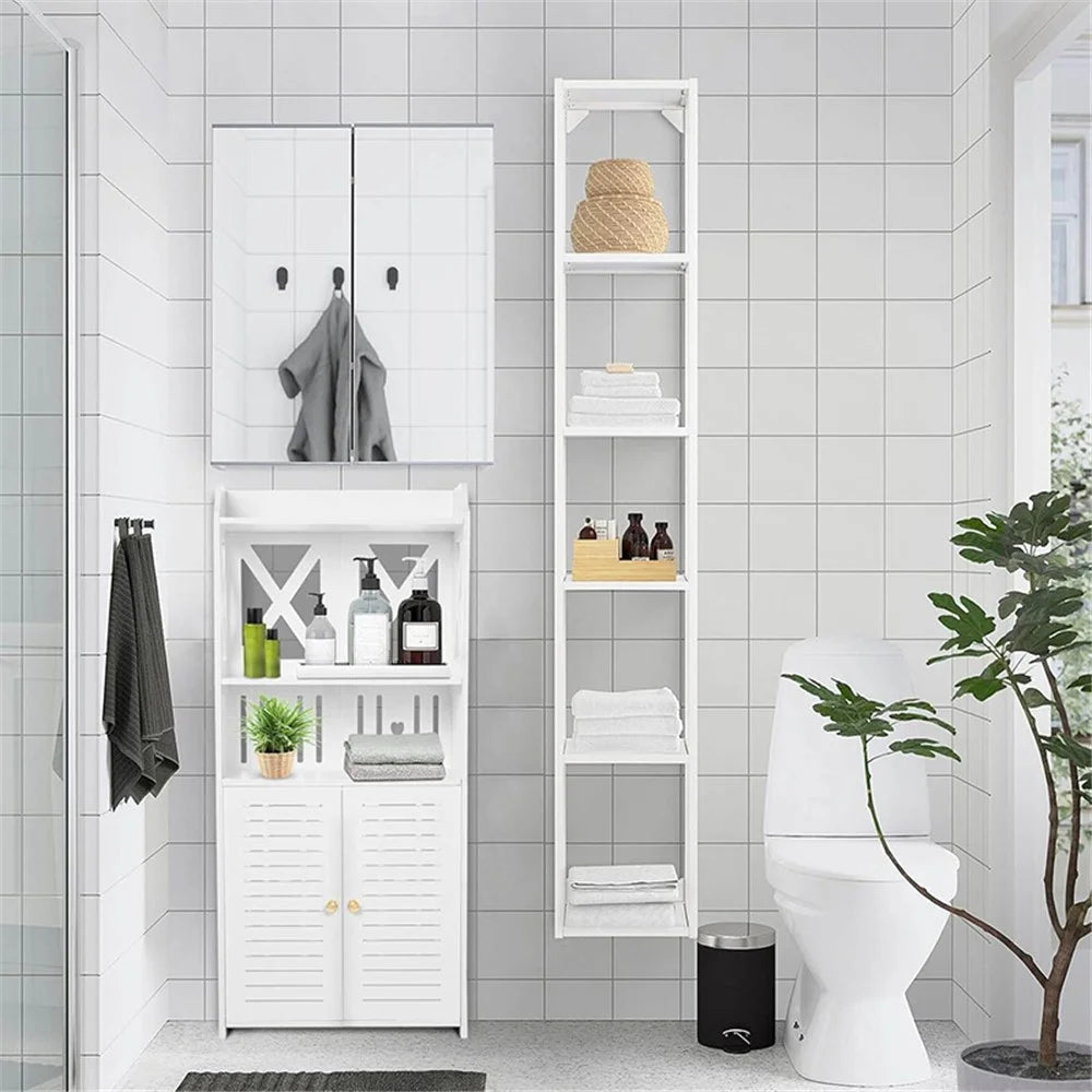 92x40x25cm Bathroom Storage Cabinet Multi-Tier Wood-Plastic Board Floor Standing Side Cabinet Organizer with Doors - 7