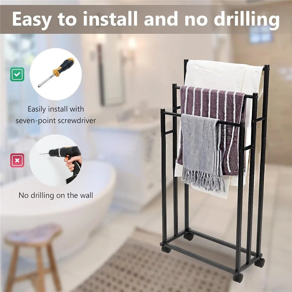 Carbon Steel Movable Towel Hanging Rack Storage Shelf Floor Standing Bathroom Towel Organizer - 2