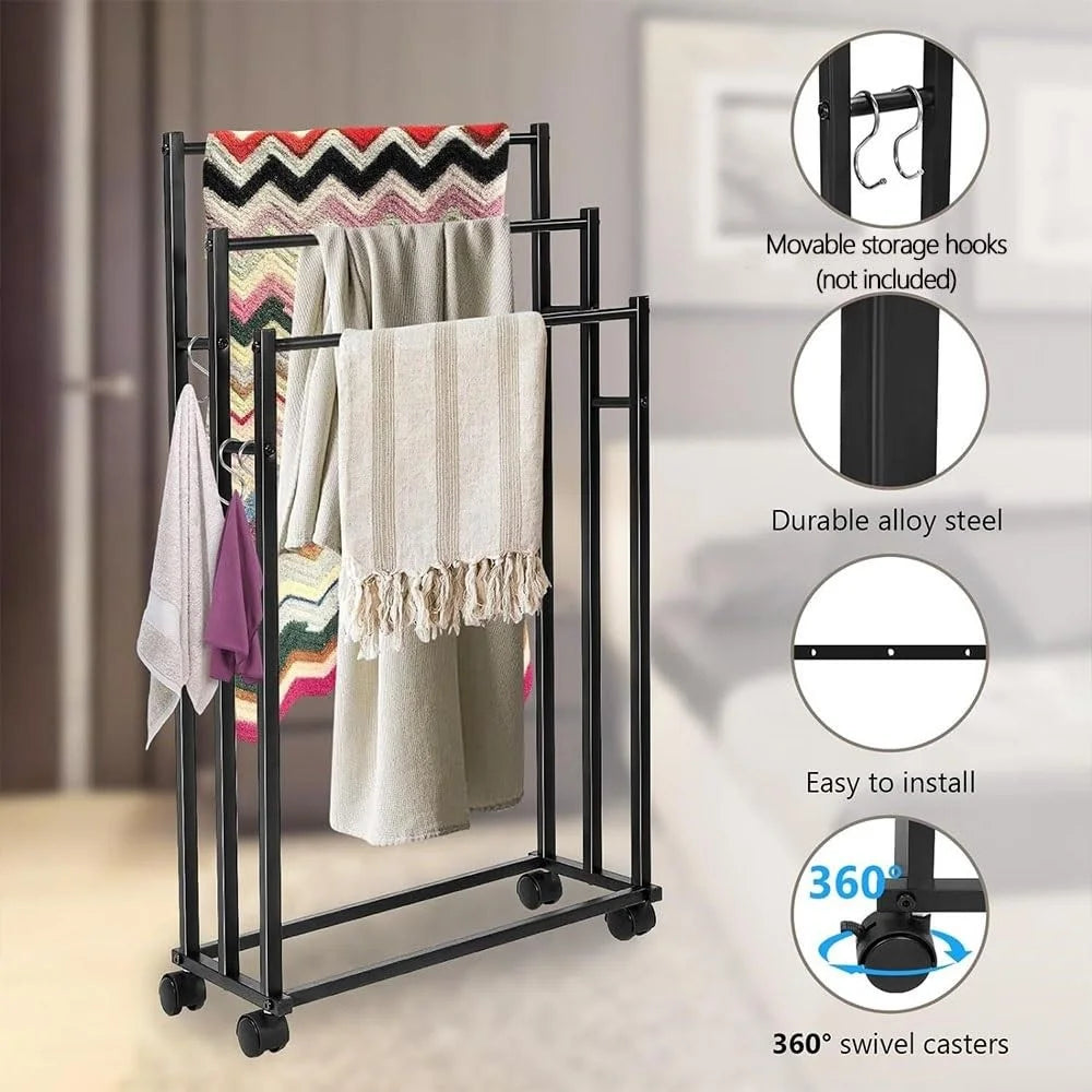 Carbon Steel Movable Towel Hanging Rack Storage Shelf Floor Standing Bathroom Towel Organizer - 4