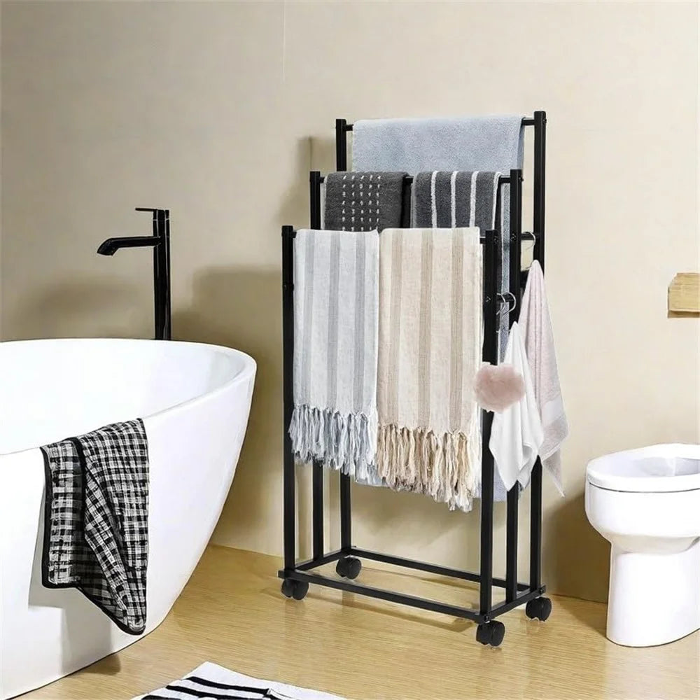 Carbon Steel Movable Towel Hanging Rack Storage Shelf Floor Standing Bathroom Towel Organizer - 5