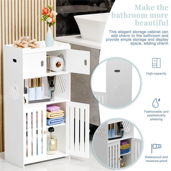 Bathroom Storage Cabinet Saving Space Multi-Tier Floor Standing Organizer with Doors - 2