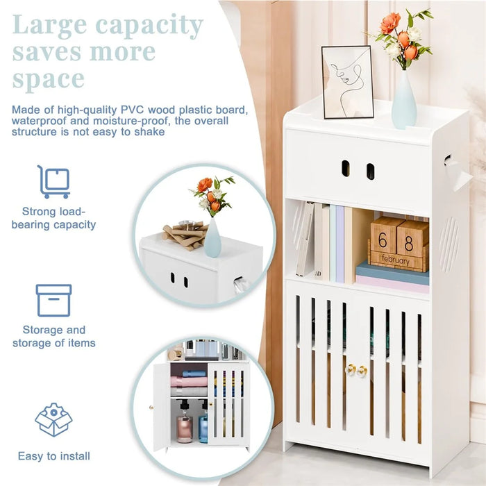 Bathroom Storage Cabinet Saving Space Multi-Tier Floor Standing Organizer with Doors - 3