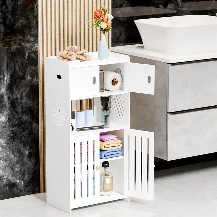 Bathroom Storage Cabinet Saving Space Multi-Tier Floor Standing Organizer with Doors - 5