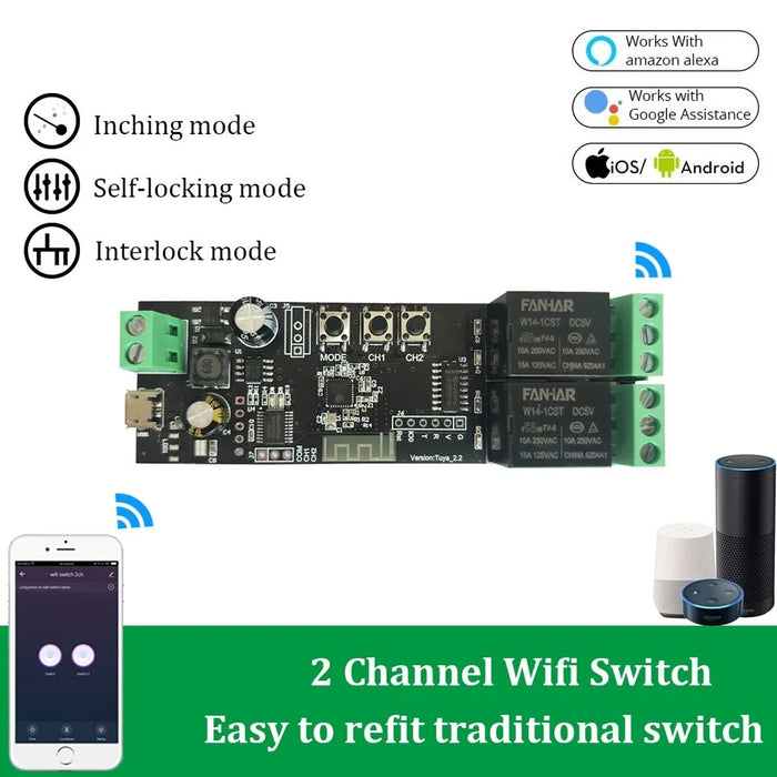 TY-DIY02 TUYA 2-Channel WiFi Smart Switch Relay Module Timing Function App Voice Remote Control for Amazon Alexa Google Assistant - 2
