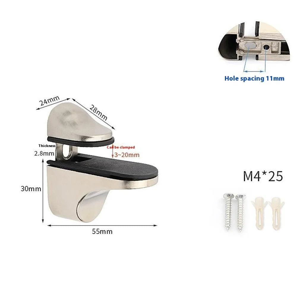 K839 Adjustable Glass Shelf Clip Zinc Alloy Bracket Support Arc-Mouth Clamp (Clamping Thickness: 3 - 20mm) - Brushed - 2