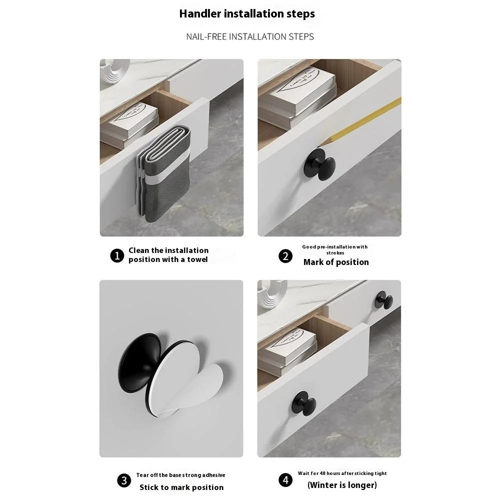 Stainless Steel No-Drill Furniture Cabinet Door Handle Adhesive Round Drawer Pull Knob - Black - 4
