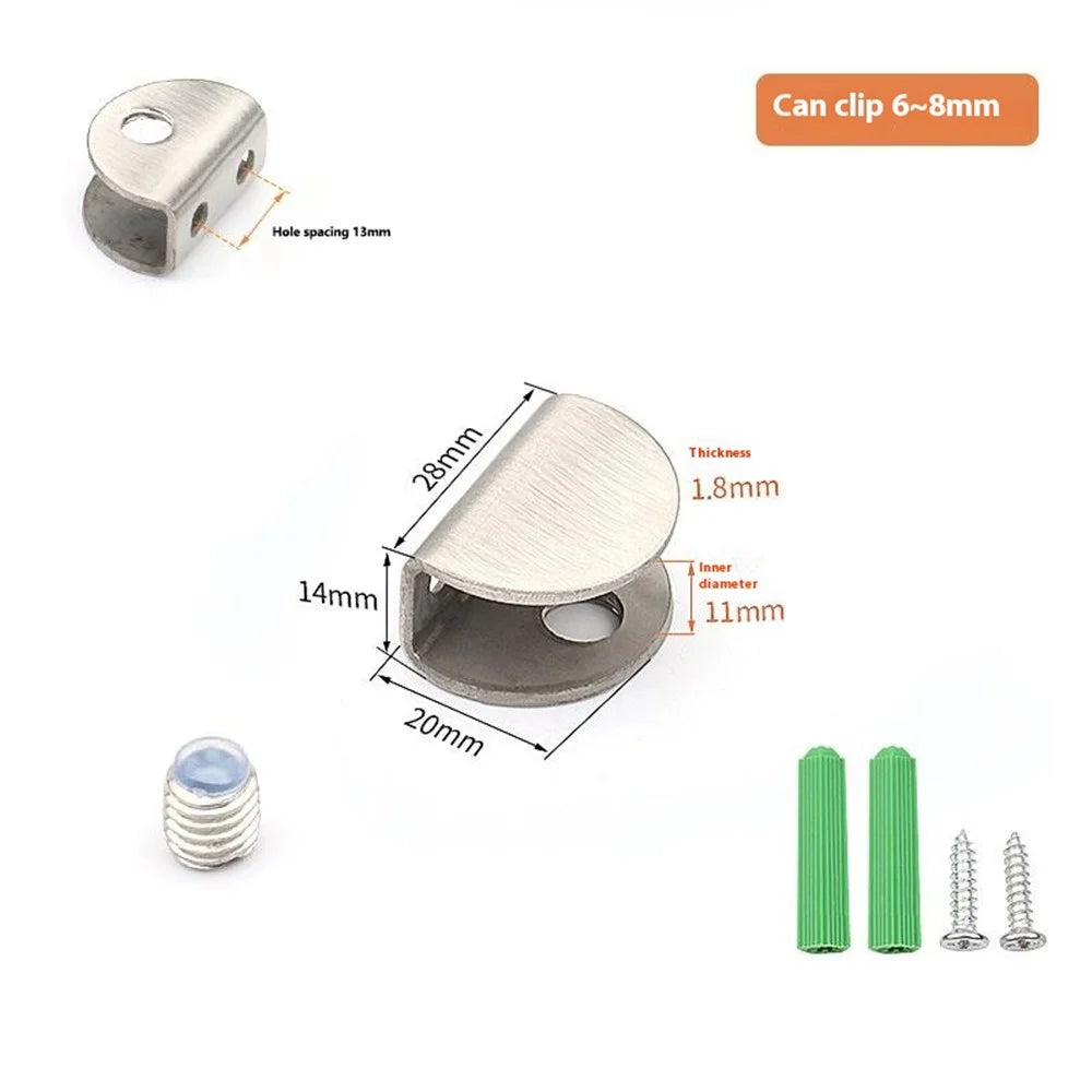 2Pcs 304 Stainless Steel Glass Clamp for 6-8mm Thickness Glass Shelf Bracket Semi-Circular Clamp - 2