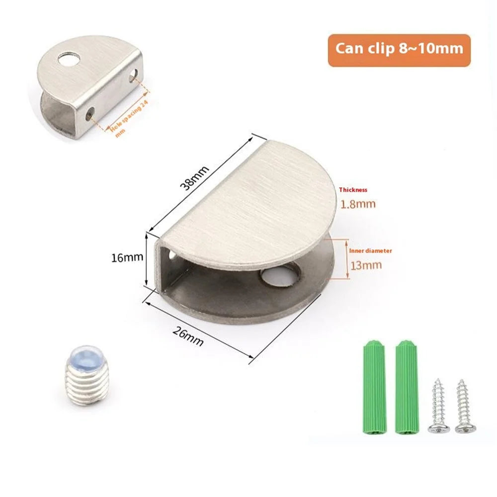 2Pcs 304 Stainless Steel Glass Clamp for 8-10mm Thickness Glass Shelf Bracket Semi-Circular Clamp - 2