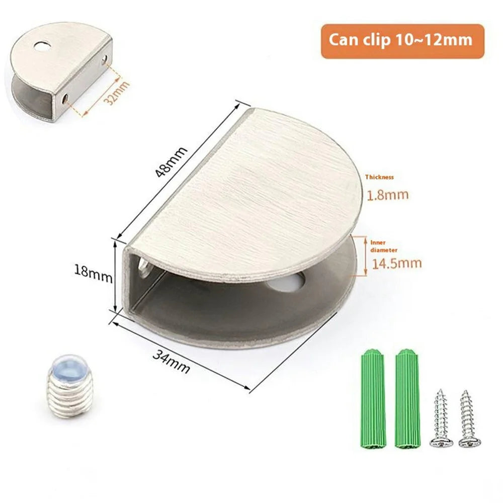 2Pcs 304 Stainless Steel Glass Clamp for 10-12mm Thickness Glass Shelf Bracket Semi-Circular Clamp - 2