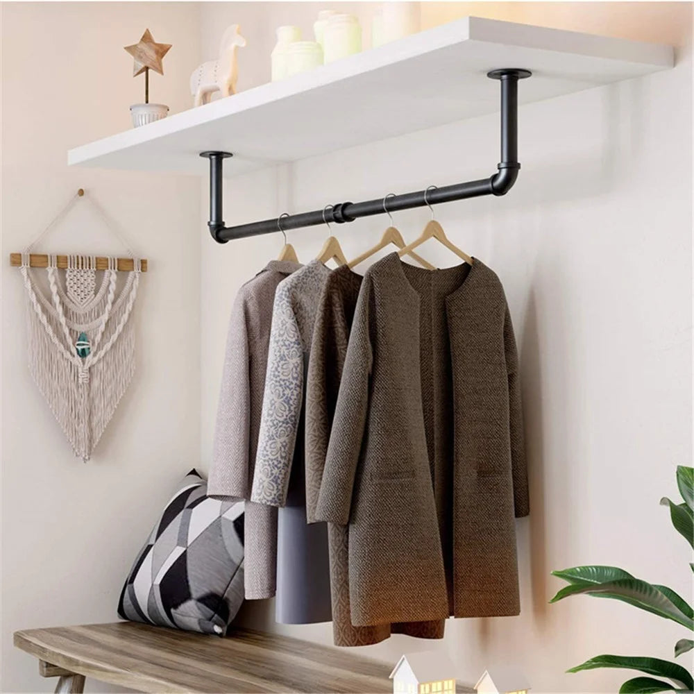 106x25cm Iron Pipe Clothes Rack Wall Mounted Heavy Duty Garment Hanging Bar Laundry Room Hanging Rod - 5
