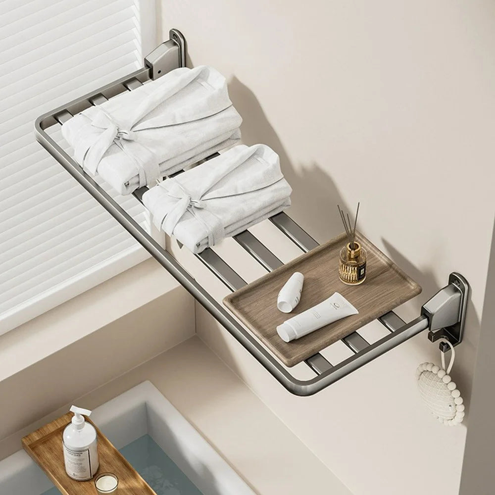 90cm Foldable Wall Mounted Drying Rack Balcony Aluminum Alloy Clothes Shoes Toys Hanger - Grey - 7
