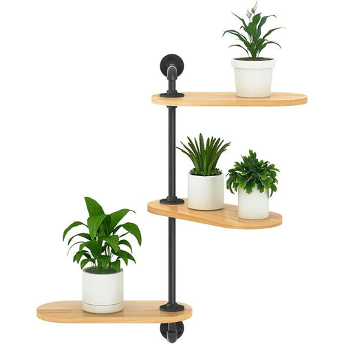 3 Tier Wall Mounted Plant Stand Rotating Shelf Carbon Steel Wood Board Flower Pot Holder Storage Rack - 1