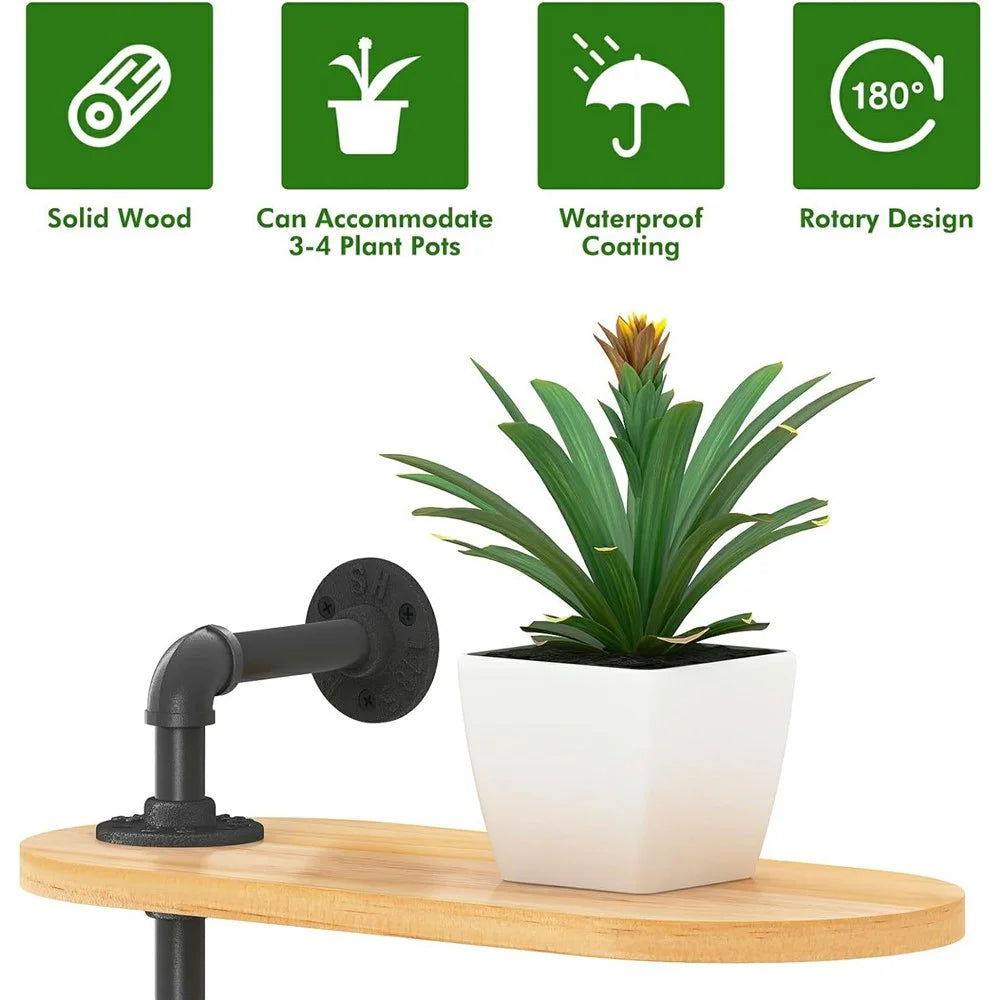 3 Tier Wall Mounted Plant Stand Rotating Shelf Carbon Steel Wood Board Flower Pot Holder Storage Rack - 2