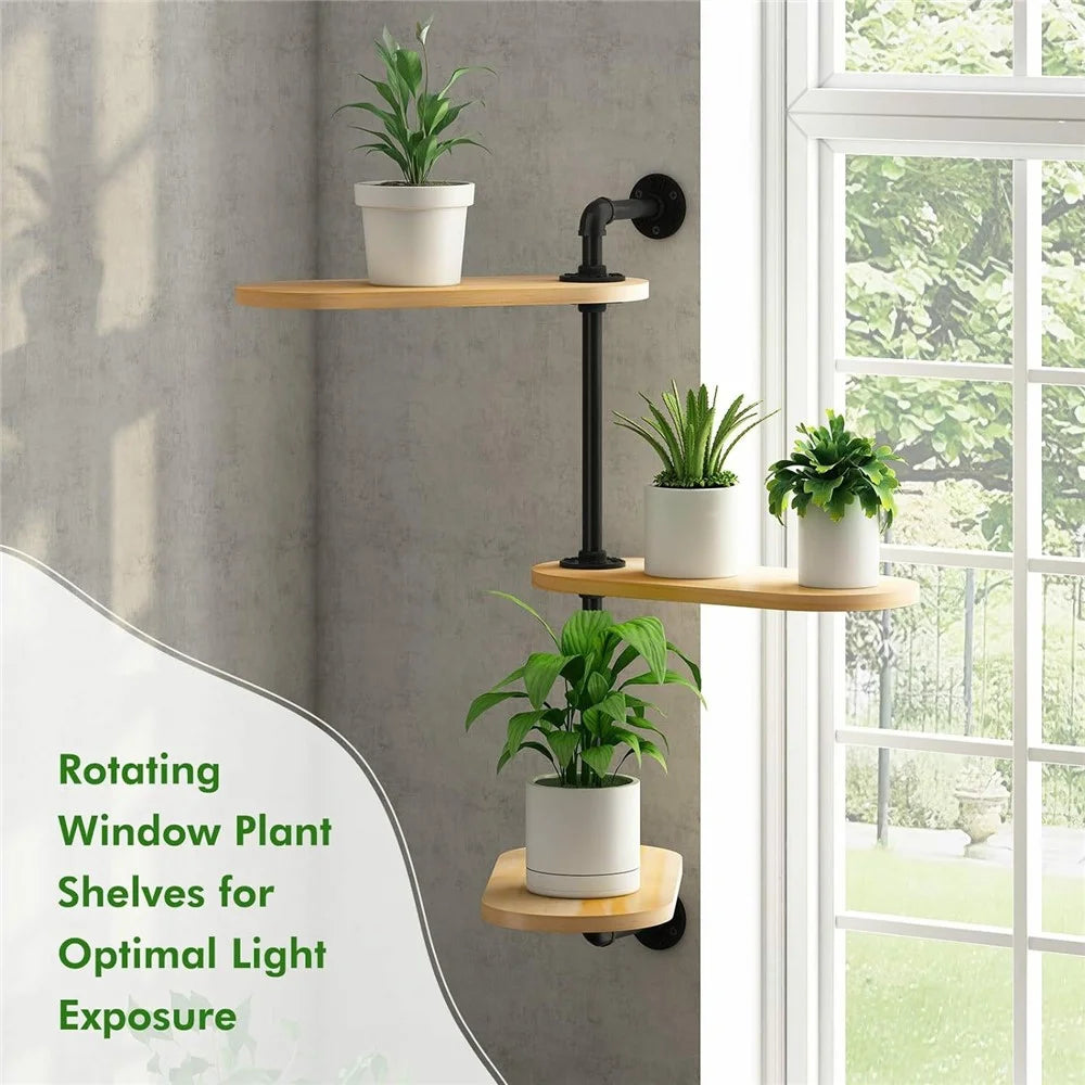 3 Tier Wall Mounted Plant Stand Rotating Shelf Carbon Steel Wood Board Flower Pot Holder Storage Rack - 3