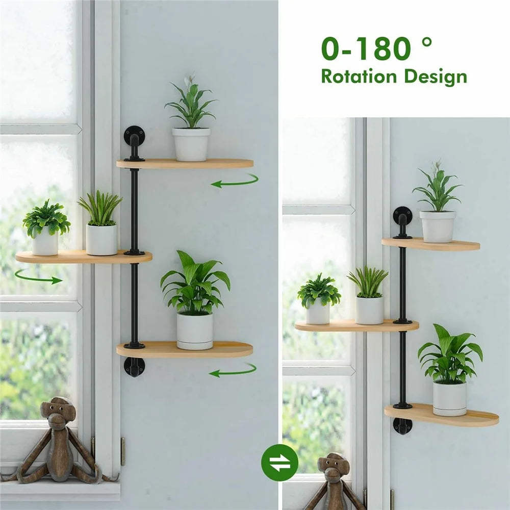 3 Tier Wall Mounted Plant Stand Rotating Shelf Carbon Steel Wood Board Flower Pot Holder Storage Rack - 4