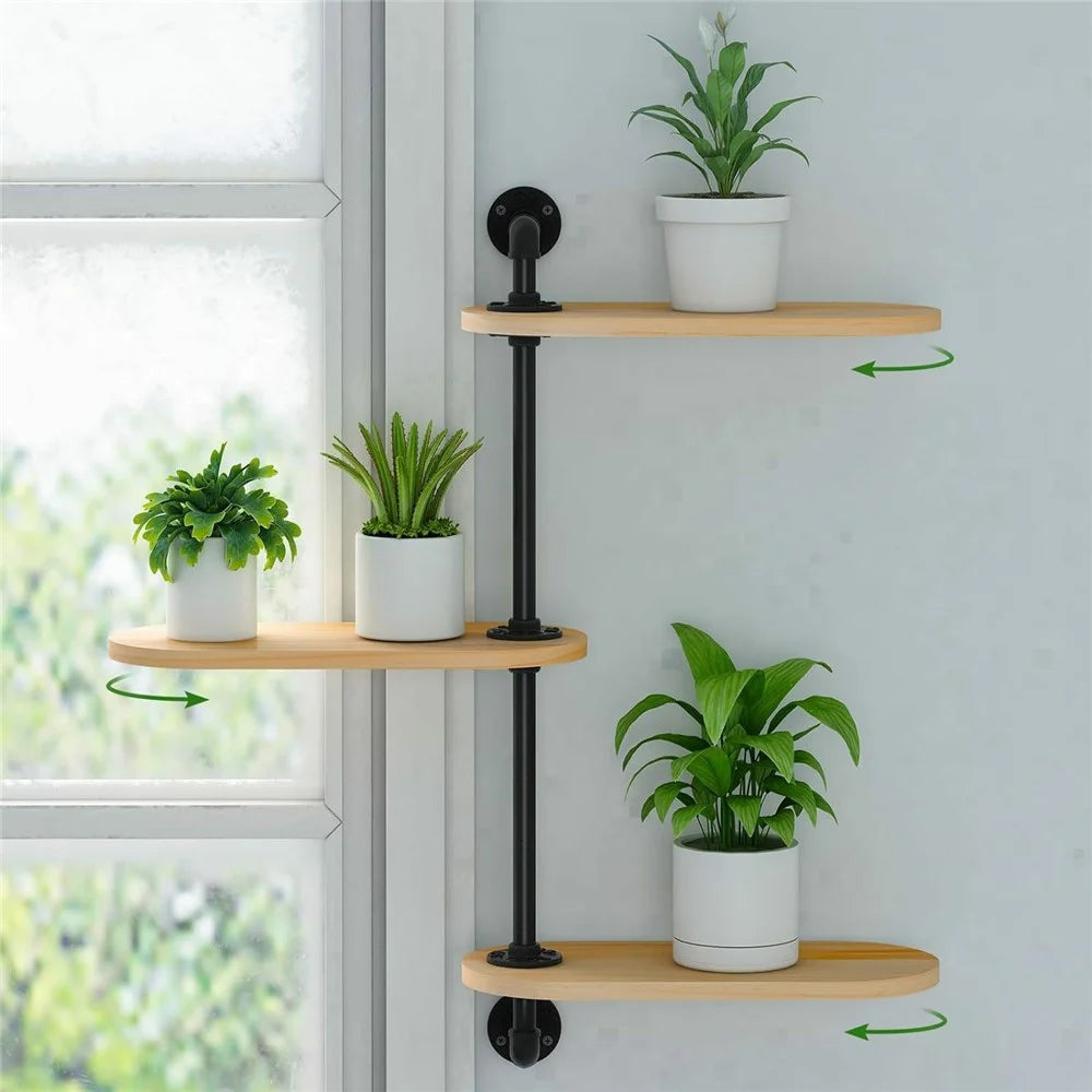 3 Tier Wall Mounted Plant Stand Rotating Shelf Carbon Steel Wood Board Flower Pot Holder Storage Rack - 6