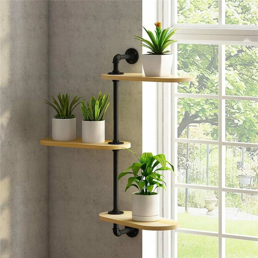 3 Tier Wall Mounted Plant Stand Rotating Shelf Carbon Steel Wood Board Flower Pot Holder Storage Rack - 7