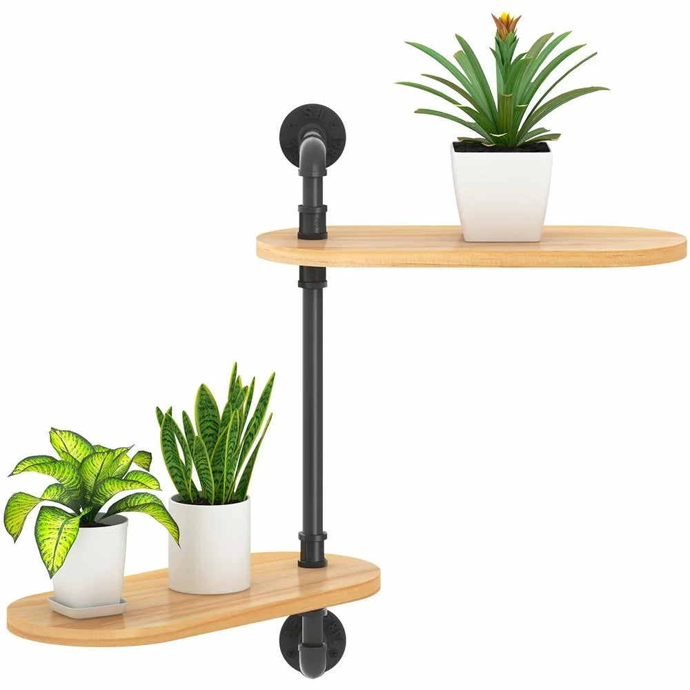 2 Tier Wall Mounted Plant Stand Rotating Shelf Carbon Steel Wood Board Flower Pot Holder Storage Rack - 1