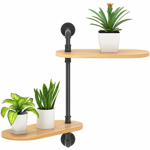 2 Tier Wall Mounted Plant Stand Rotating Shelf Carbon Steel Wood Board Flower Pot Holder Storage Rack - 1