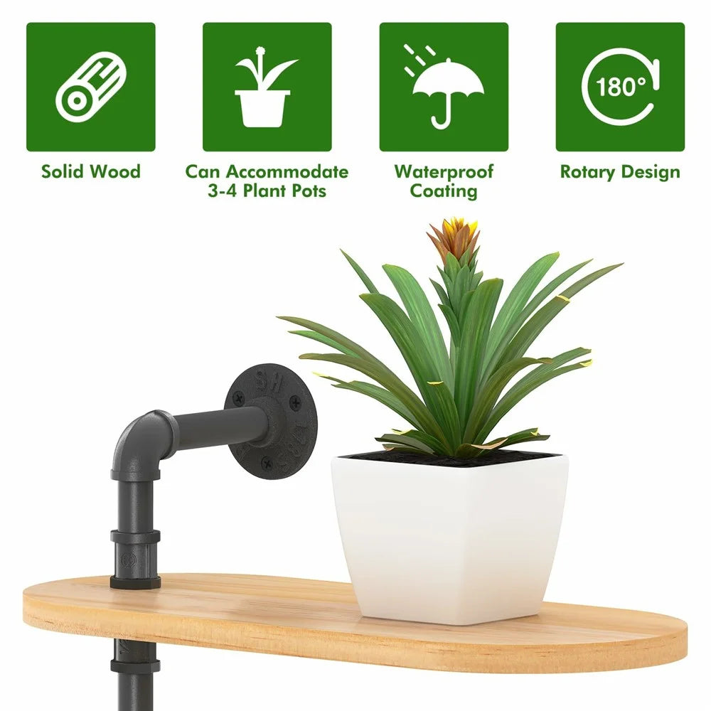 2 Tier Wall Mounted Plant Stand Rotating Shelf Carbon Steel Wood Board Flower Pot Holder Storage Rack - 2