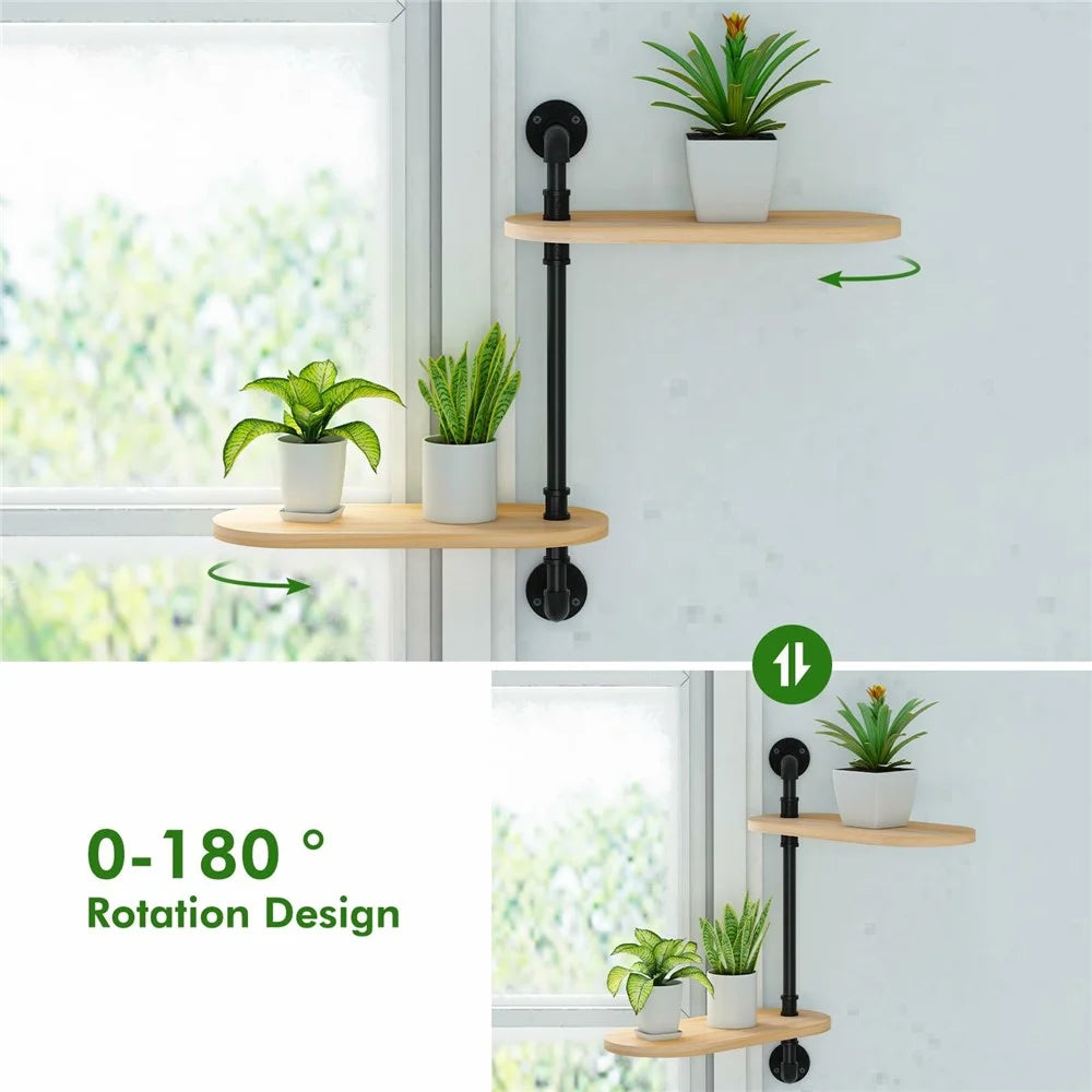 2 Tier Wall Mounted Plant Stand Rotating Shelf Carbon Steel Wood Board Flower Pot Holder Storage Rack - 3
