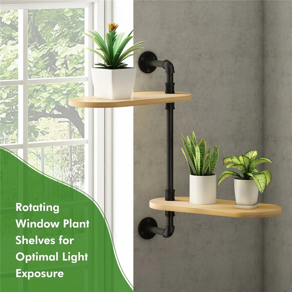 2 Tier Wall Mounted Plant Stand Rotating Shelf Carbon Steel Wood Board Flower Pot Holder Storage Rack - 4