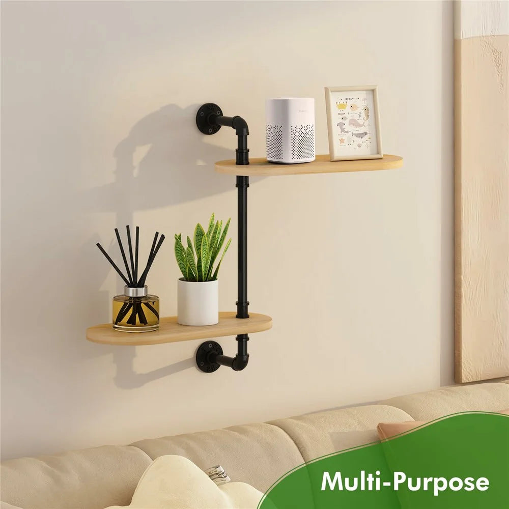 2 Tier Wall Mounted Plant Stand Rotating Shelf Carbon Steel Wood Board Flower Pot Holder Storage Rack - 5