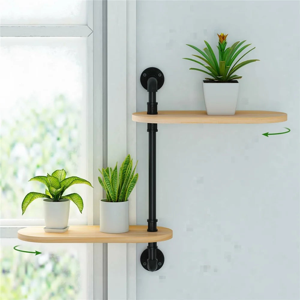 2 Tier Wall Mounted Plant Stand Rotating Shelf Carbon Steel Wood Board Flower Pot Holder Storage Rack - 6