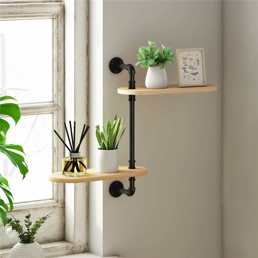 2 Tier Wall Mounted Plant Stand Rotating Shelf Carbon Steel Wood Board Flower Pot Holder Storage Rack - 7
