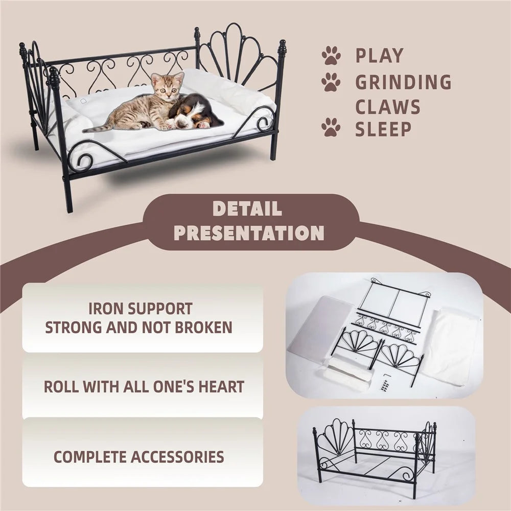 Pet Sofa Bed Iron Frame All-Season Cat Dog Bed with Removable Cushion, Size S - 6