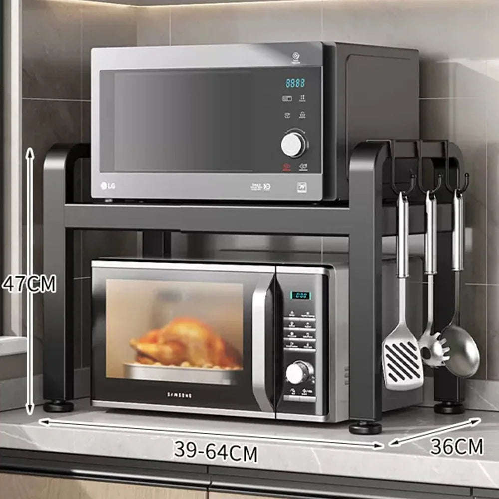 39-64cm Retractable Microwave Oven Top Rack Carbon Steel Kitchen Multi-Function Storage Shelf with 6 Hooks - Matte Black - 1