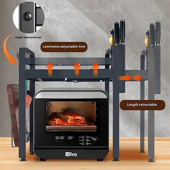 39-64cm Retractable Microwave Oven Top Rack Carbon Steel Kitchen Multi-Function Storage Shelf with 6 Hooks - Matte Black - 3