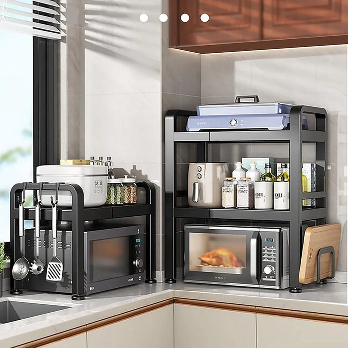39-64cm Retractable Microwave Oven Top Rack Carbon Steel Kitchen Multi-Function Storage Shelf with 6 Hooks - Matte Black - 5