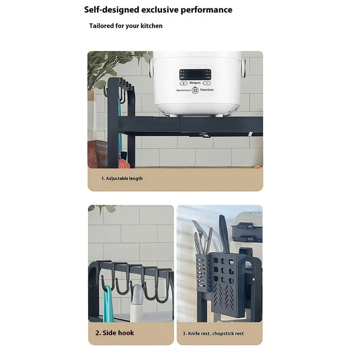 39-64cm Retractable Microwave Oven Top Rack Carbon Steel Kitchen Multi-Function Storage Shelf with 6 Hooks - Matte Black - 7