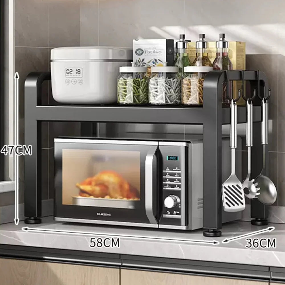 58cm Microwave Oven Top Rack Kitchen Countertop Organizer Carbon Steel Storage Shelf with 6 Hooks - Matte Black - 1