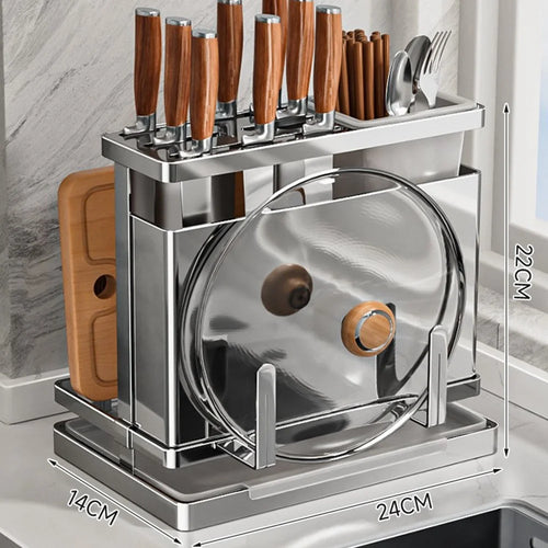 304 Stainless Steel Kitchen Knife Holder Utensil Organizer Draining Storage Rack with 1 Storage Bucket - 1
