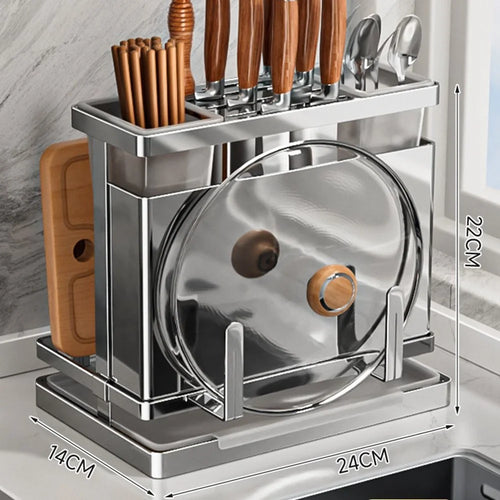 304 Stainless Steel Kitchen Knife Holder Utensil Organizer Draining Storage Rack with 2 Storage Buckets - 1
