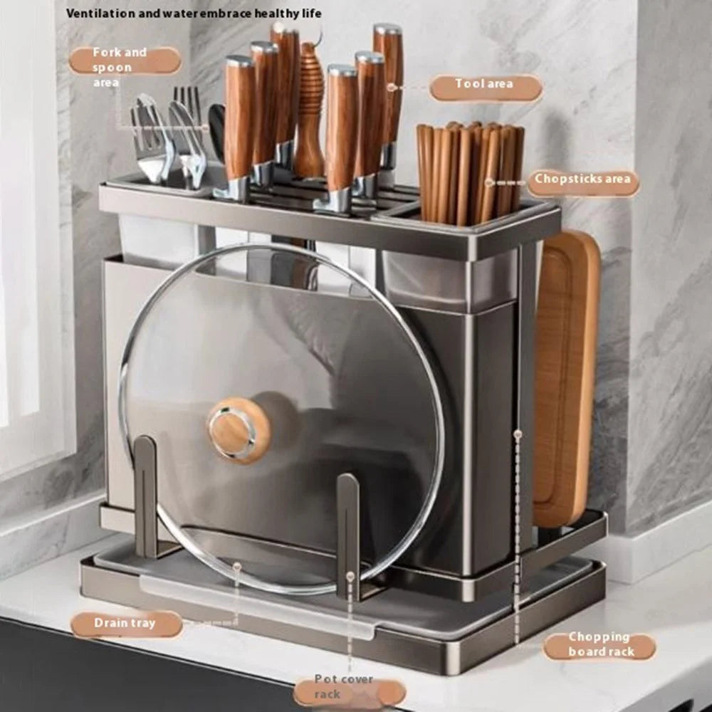 304 Stainless Steel Kitchen Knife Holder Utensil Organizer Draining Storage Rack with 2 Storage Buckets - 2