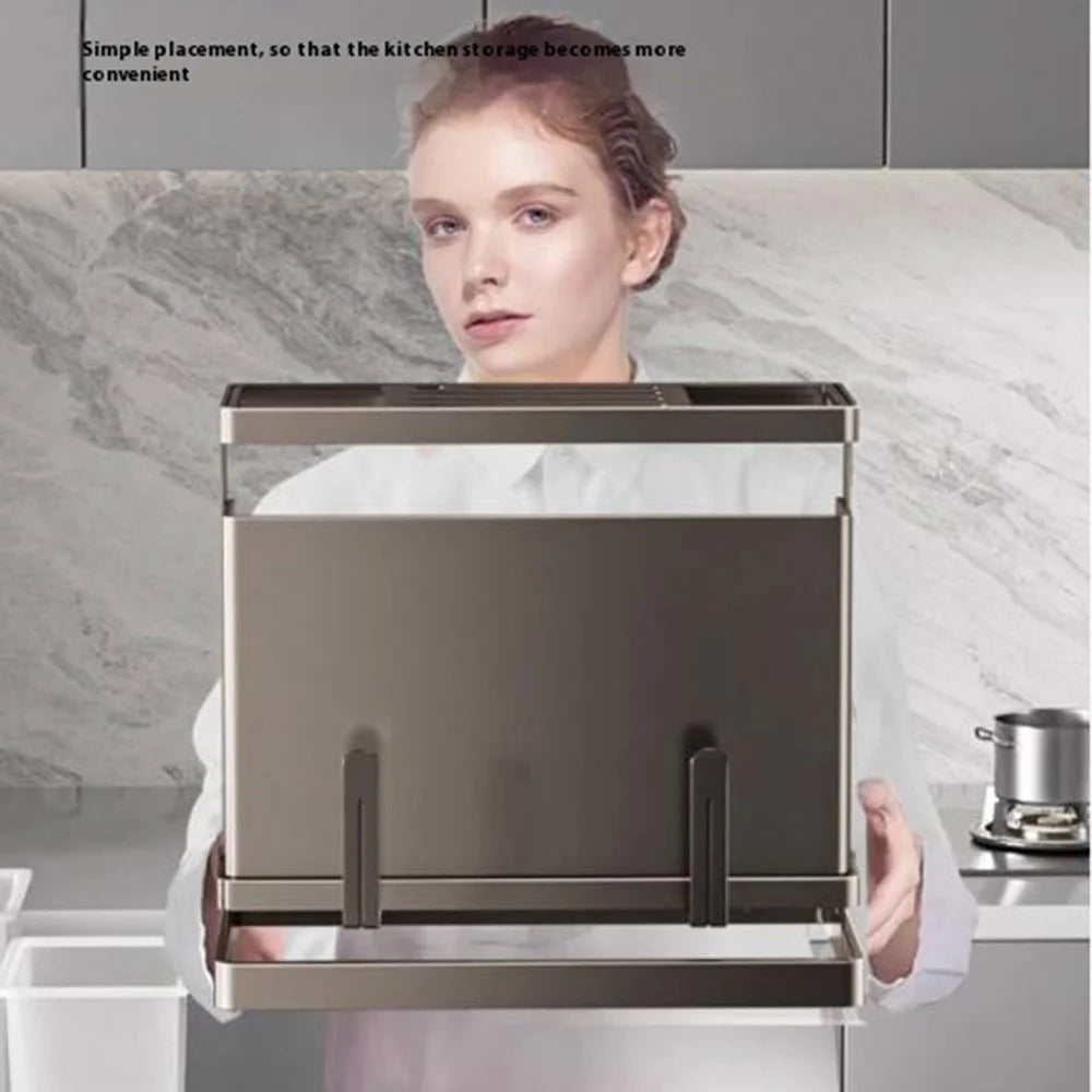 304 Stainless Steel Kitchen Knife Holder Utensil Organizer Draining Storage Rack with 2 Storage Buckets - 5