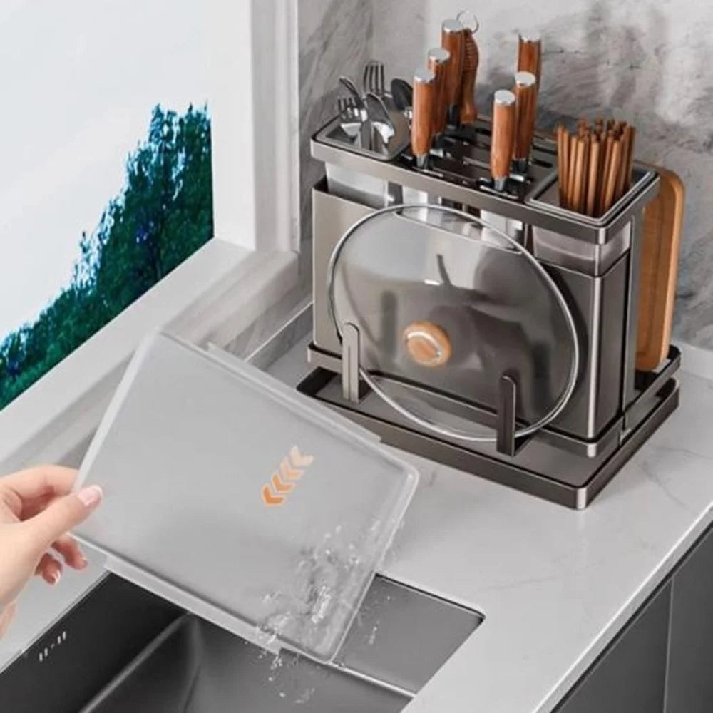 304 Stainless Steel Kitchen Knife Holder Utensil Organizer Draining Storage Rack with 2 Storage Buckets - 7