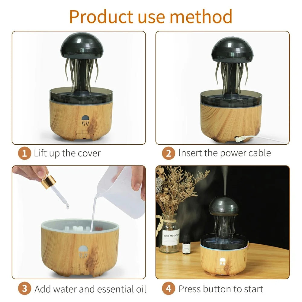 Jellyfish Humidifier For Home Office Desk 7 Color LED Atmosphere Light Aroma Diffuser Rotating Mist - EU Plug - Dark Wood Grain - 4