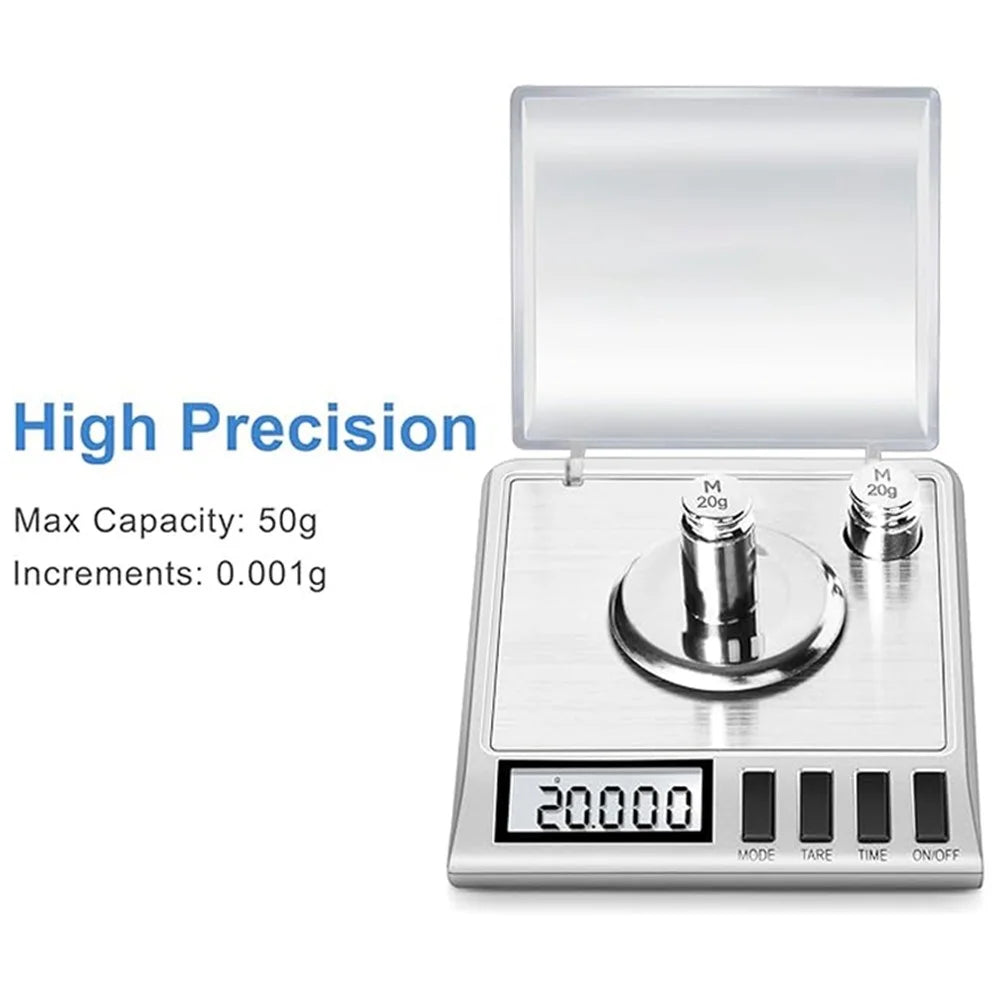 Stainless Steel Digital Scale 50g  /  0.001g High Precision Jewelry Powder Scale with Calibration Weights - 6