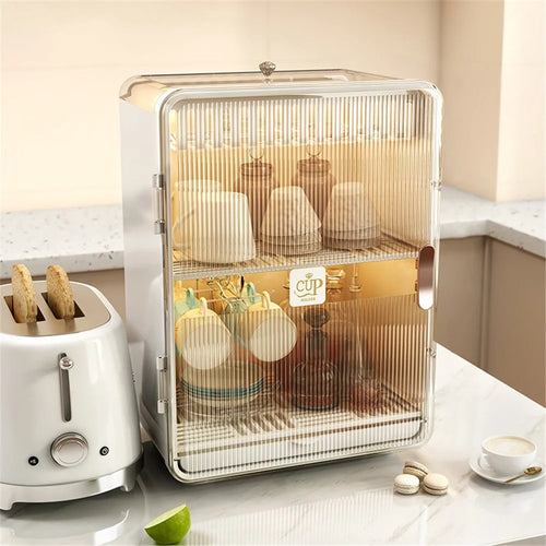 Dust-Proof Cup Storage Rack Mug Organizer Coffee Cup Wine Glasses Teacups Holder PP Draining Cabinet - White - 1