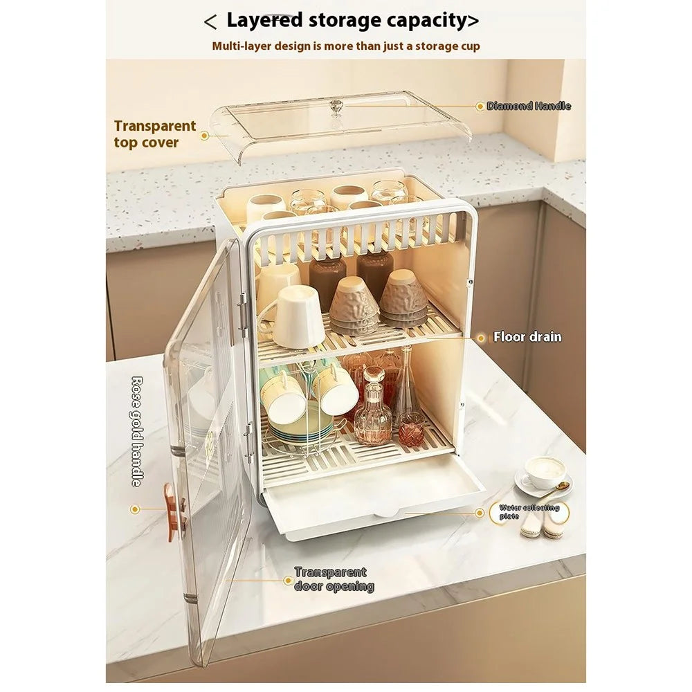 Dust-Proof Cup Storage Rack Mug Organizer Coffee Cup Wine Glasses Teacups Holder PP Draining Cabinet - White - 4