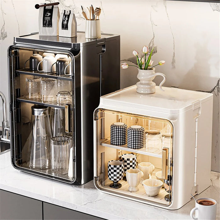 Large Size 4 Tier Cup Organizer PP Storage Cabinet Countertop Coffee Mugs Glasses Draining Shelf with Transparent Door - Black - 6